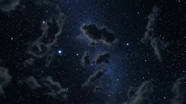 A nocturnal sky scene. Dark clouds frame a field of stars against a deep blue background