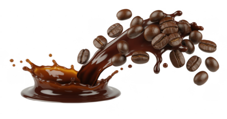 Coffee splash beans liquid isolated on a transparent background
