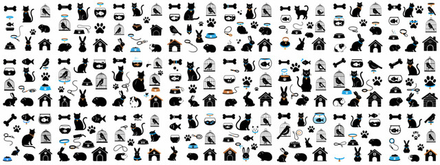 Seamless monochrome pattern of pet silhouettes and accessories, including cats, birds, rabbits, houses, food bowls, and dog bones.