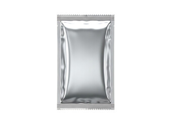 Shiny silver foil sachet with sealed edges and textured top and bottom seams isolated on a transparent background