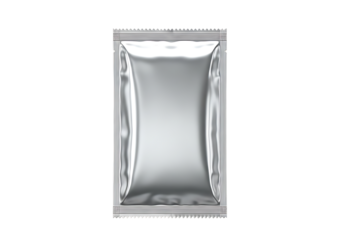 Shiny silver foil sachet with sealed edges and textured top and bottom seams isolated on a transparent background