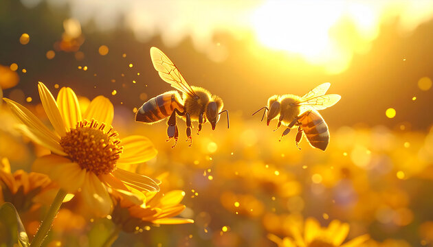 Bees in Bloom: Two honeybees navigate the sunlit world, exploring a vibrant field of golden yellow flowers, capturing the essence of spring's bounty.