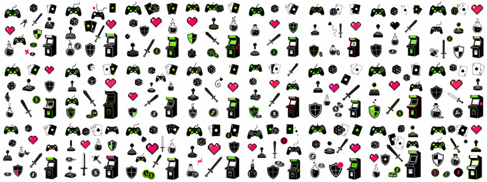 Seamless pattern of retro video game and fantasy elements including controllers, arcade cabinets, RPG items, gambling symbols, swords, shields, and pixel hearts.