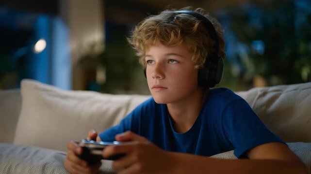 Kid using augmented reality learning apps with headphones and interactive gestures, emotion of fascination and focus visible, representing tech-enhanced homeschooling, digital education innovation,