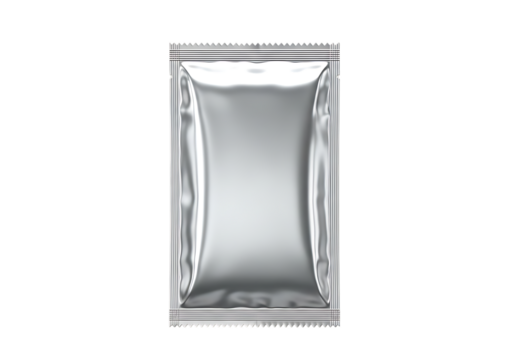 Shiny silver foil sachet with sealed edges and textured top and bottom seams isolated on a transparent background