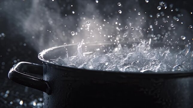 Dynamic macro shot of water boiling intensely in a dark pot, with steam rising and droplets splashing, capturing the powerful energy of heat