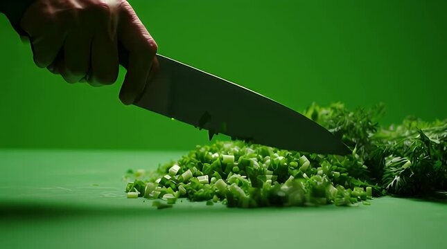 Vibrant close-up of a hand vigorously chopping fresh green herbs with a sharp chef's knife on a cutting board, emphasizing dynamic food preparation and healthy cooking