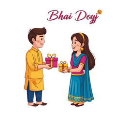 Brother joyfully gifting sister presents on Bhai Dooj festival, celebrating familial love and tradition in vibrant ethnic attire, sharing happy moments