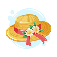 A charming straw hat decorated with flowers and a red ribbon. Warm and cheerful spring vector cartoon illustration.