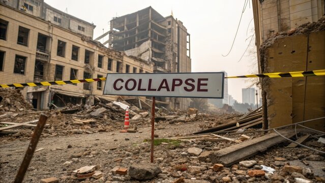 Collapse Warning Sign in Front of a Destroyed Building - Powered by Adobe