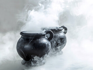 Dark antique clay pots with thick swirling steam rising in a dramatic smoky scene