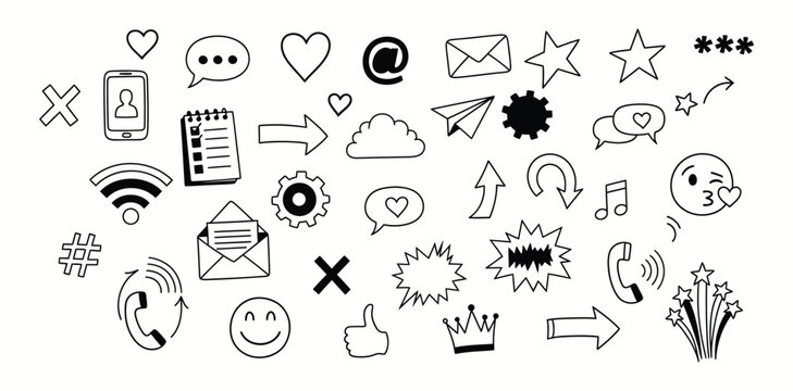 Collection of hand drawn doodle icons representing communication technology social media and online engagement