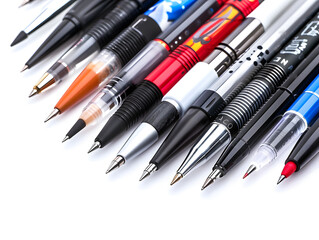 Assorted colorful pens arranged in a close-up view