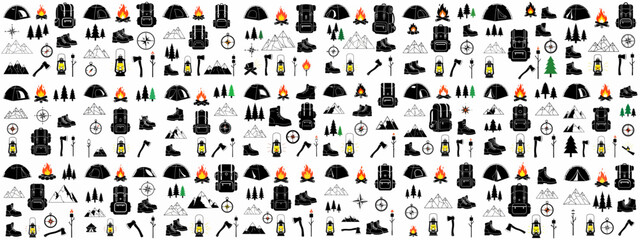 Camping and Hiking Seamless Pattern: Vector Icons of Outdoor Adventure Gear, Tents, Campfires, Boots, Mountains, and Compasses on White.