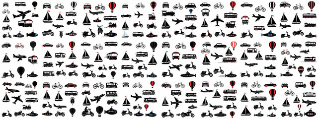 Vector background pattern showcasing a variety of transportation modes, including air, land, and sea vehicles.