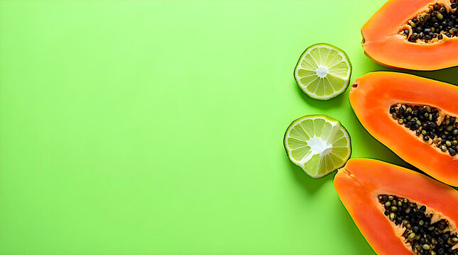 Food concept with a creative layout featuring a copy space image formed by papaya halves and lime slices on a green background.