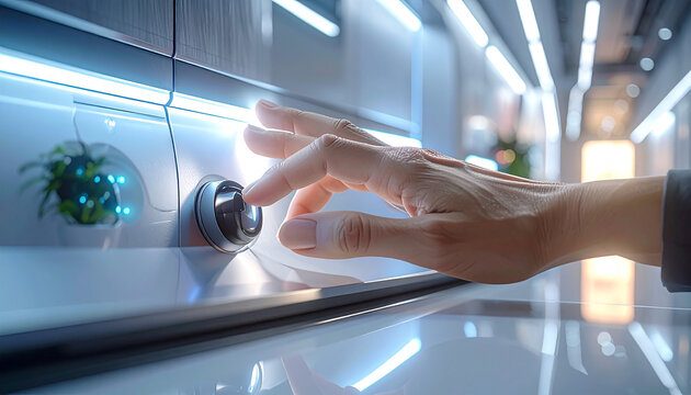 Precision Touch: A hand delicately interacts with a sleek, futuristic control knob, showcasing advanced technology and intuitive design.