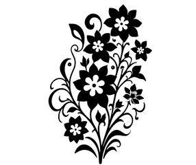 Intricate black floral silhouette design with swirling vines and blooming flowers isolated on transparent background