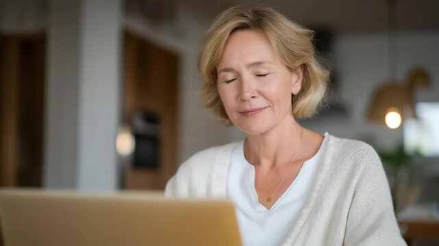 Older woman writing her memoirs or farewell message on a laptop in a peaceful home setting, highlighting personal legacy, online remembrance creation, and the intersection of technology and