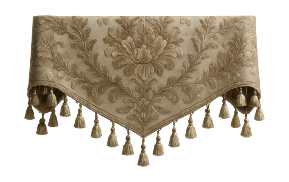 An embroidered damask valance with tassel trim, perfect for an elegant dining room window.