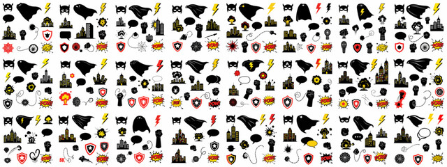Seamless pattern of superhero silhouettes and comic book icons: masks, capes, lightning, cityscapes, fists, shields, and "POW!" action effects vector texture background.