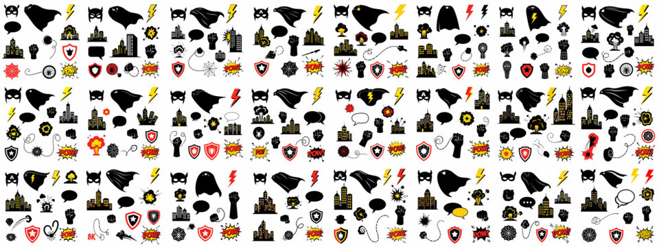 Seamless pattern of superhero silhouettes and comic book icons: masks, capes, lightning, cityscapes, fists, shields, and "POW!" action effects vector texture background.