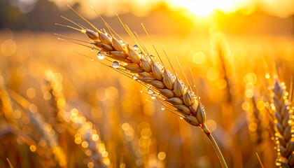 Golden Grain in Sunlight: A close-up shot of golden wheat bathed in warm sunlight, with dewdrops glistening on the grain, evoking a sense of growth, abundance, and the beauty of nature.