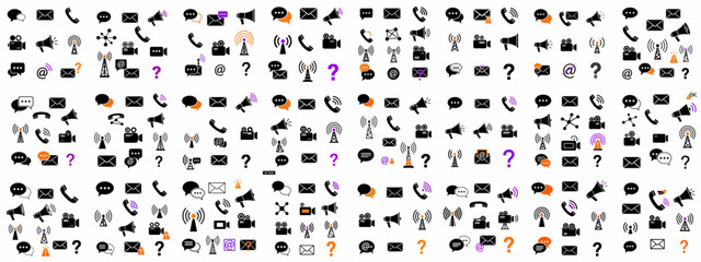 Seamless pattern of black and colored communication icons: chat, email, phone, video, broadcast, and network symbols for technology and contact services.