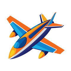 A stylized, modern jet airplane with vibrant orange, blue, and white accents, depicted in a dynamic perspective against a white background.