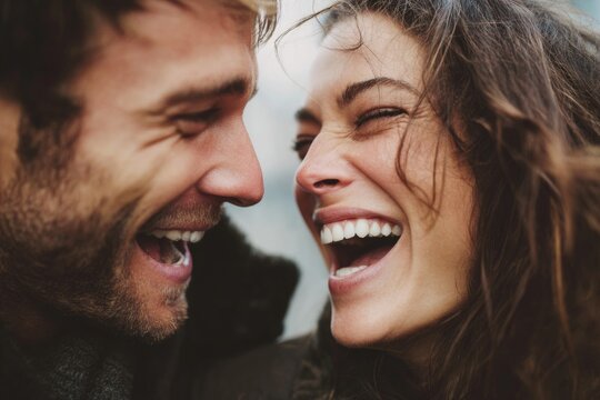 A joyful couple shares a light moment, laughing heartily with bright smiles on their faces. The scene captures their connection against a soft, blurred backdrop of nature - Powered by Adobe