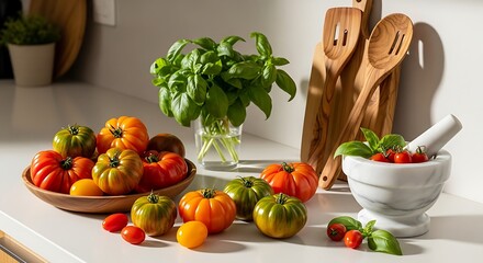 Assortment of Heirloom Tomatoes and Fresh Basil on a Kitchen Counter ripe tomatoes fresh tomatoes