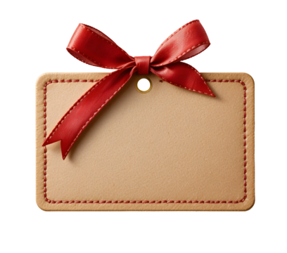 Elegant gift tag with festive red ribbon bow for holiday season promotions and personal messages, offering a touch of warmth and classic seasonal charm
