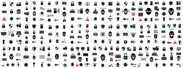 A large set of black and white icons illustrating digital security, data protection, hacking threats, viruses, firewalls, and cyber defense concepts.