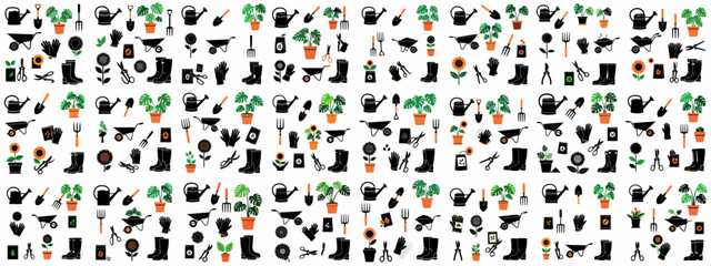 Seamless pattern of black, orange, and green gardening icons including tools, boots, wheelbarrow, watering can, and potted plants on a white background.