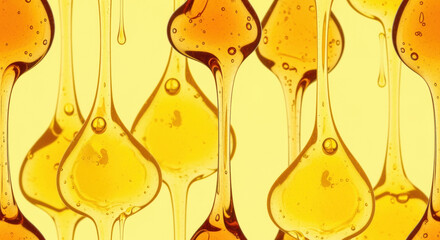 Golden honey drops cascading in slow motion with smooth, glossy texture on a vibrant yellow background, emphasizing natural sweetness