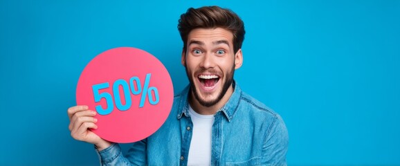 A young man with a joyful expression is holding a large pink sign that shows fifty percent off. He stands in front of a bright blue background. The atmosphere feels fun and festive