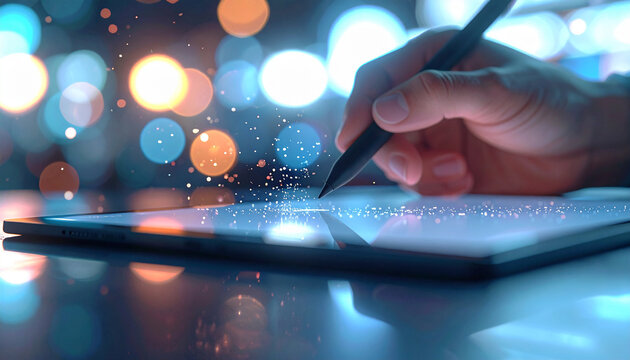 Digital Design: A hand using stylus to design on a tablet in an innovative and technological world, representing creativity, innovation, and technological advancement.