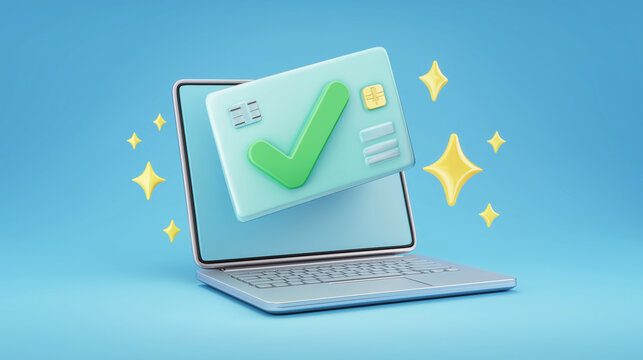 3D Laptop with Green Check Mark and Credit Card. E-Commerce Payment Approved, Online Shopping Success, Digital Transaction. 