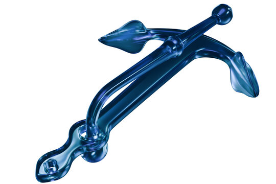 Translucent blue anchor, appearing as glass or crystal, isolated transparent  background. Its smooth, reflective surface captures light, creating a serene, symbolic glow