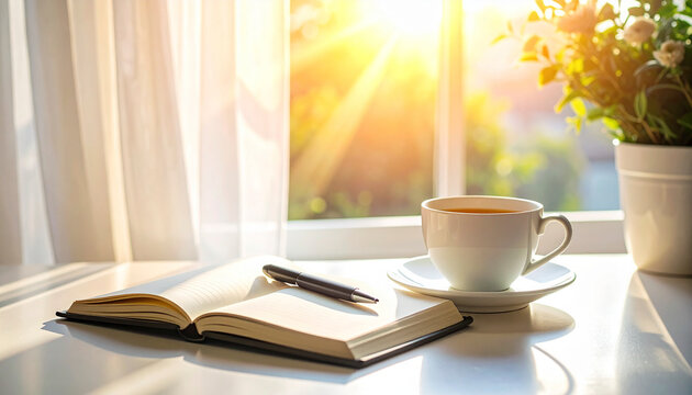 Open book and coffee cup on a wooden table