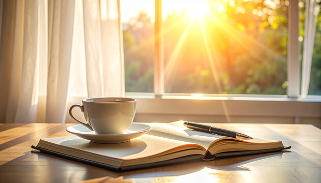 Open book and coffee cup on a wooden table - Powered by Adobe