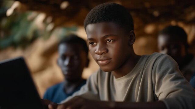 Refugee students focused on laptops inside a digital learning hub powered by solar energy, symbolizing education through technology, inclusion in modern learning systems, and access to knowledge