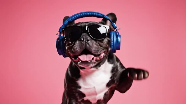 Adorable French Bulldog DJ wearing headphones and sunglasses, ready to party - 4K Video