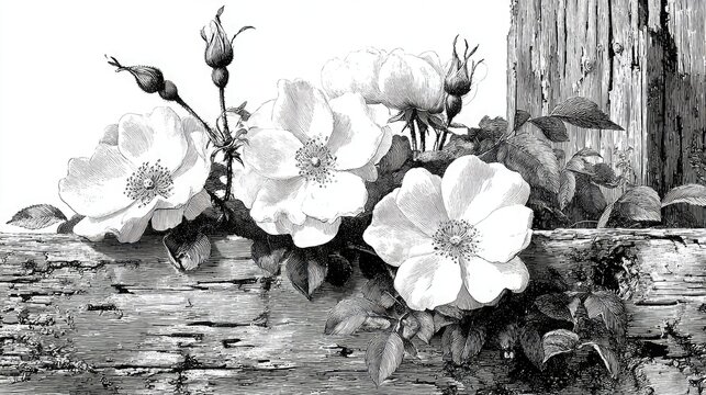  illustration of wild roses growing through an old wooden fence, symbolizing resilience and untamed beauty. Each petal carefully outlined with hand-drawn precision on a pure white backgroun