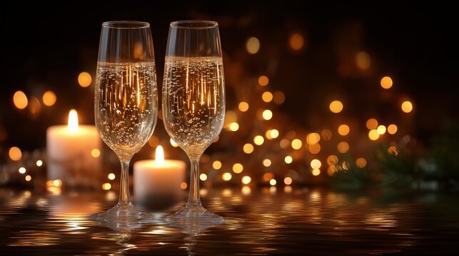 Champagne glasses shimmering with bubbles, set against a warm, festive background of candles and golden bokeh lights with reflections