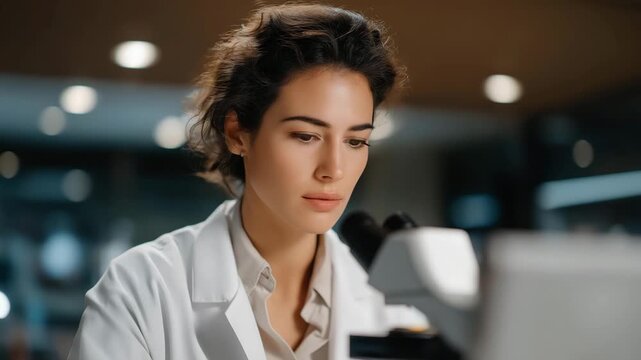 Scientist analyzing nanostructured materials under high-resolution microscope, emotion of curiosity visible, representing AI-assisted materials science, data-driven discovery, and next-gen machine