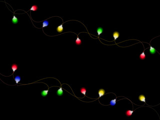 Colorful Christmas lights string glowing in the dark background