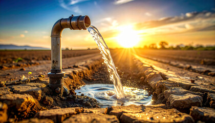 Water flowing onto cracked dry soil at sunset