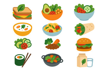 Healthy food icons: sandwich, salad, soup, pasta, burrito, burger, sushi, stir-fry.