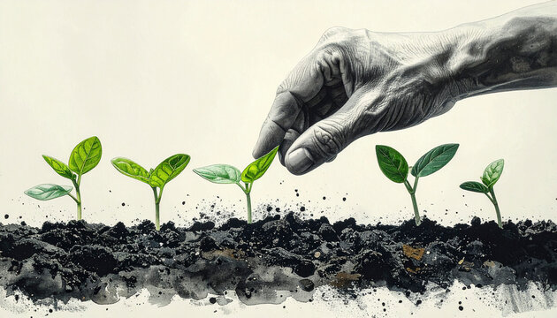 Hand planting seedlings in rich soil - Powered by Adobe